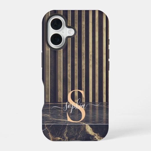 schwarzer Marmor gold Glitter Monogramm iPhone 16 Hülle (Rückseite)