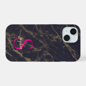schwarzer Marmor gold glitzernde Monogramm iPhone 15 Hülle (Rückseite (Horizontal))