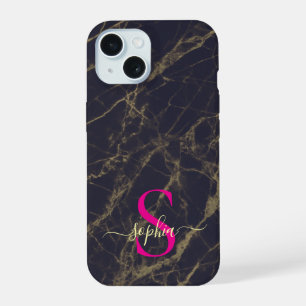 schwarzer Marmor gold glitzernde Monogramm iPhone 15 Hülle