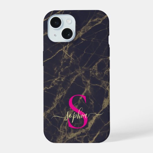 schwarzer Marmor gold glitzernde Monogramm iPhone 15 Hülle (Rückseite)