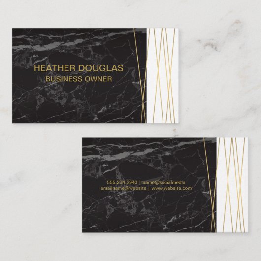 Schwarzer Marmor | Goldene Abstrakte Linien Visitenkarte (Vorne/Hinten)