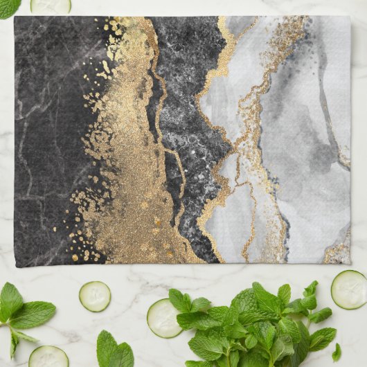 Schwarzer Marmor mit Gold Hübsch Geschirrtuch (Gefaltet)