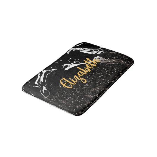 Schwarzer Marmor/Schwarzer Glitzer Badematte (Schrägansicht)