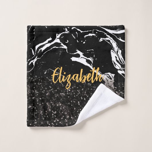 Schwarzer Marmor/Schwarzer Glitzer Badhandtuch Set (Waschlappen)