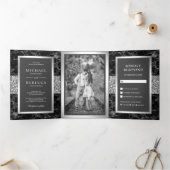 Schwarzer Marmor Silberer Glitzer Dunkelgraue Hoch Dreifach Gefaltete Einladung (Innenseite)