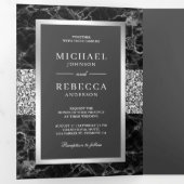 Schwarzer Marmor Silberer Glitzer Dunkelgraue Hoch Dreifach Gefaltete Einladung (Innen Erste Seite)