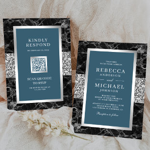 Schwarzer Marmor Silver Dusty Blue QR Code Wedding Einladung