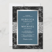 Schwarzer Marmor Silver Dusty Blue QR Code Wedding Einladung (Vorderseite)