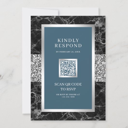 Schwarzer Marmor Silver Dusty Blue QR Code Wedding Einladung (Rückseite)