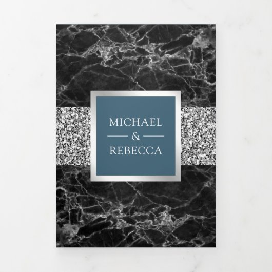 Schwarzer Marmor Silver Glitzer Dusty Blue Wedding Dreifach Gefaltete Einladung (Cover)