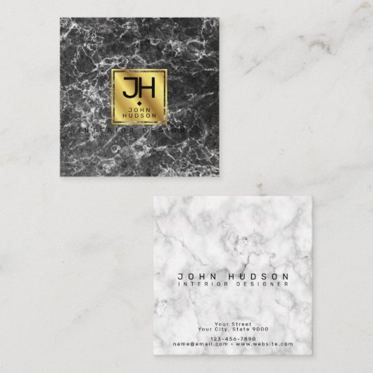 Schwarzer Marmor und Gold Modernes Monogram Square Quadratische Visitenkarte (Vorne/Hinten)