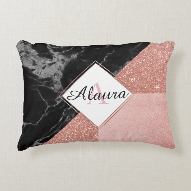 Schwarzer Marmor und Rose Gold Accent Pillow Dekokissen (Vorderseite)