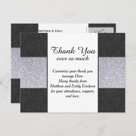 Schwarzer Marmor und Silber-Glitzer-Panel-Design Postkarte (Vorne/Hinten)