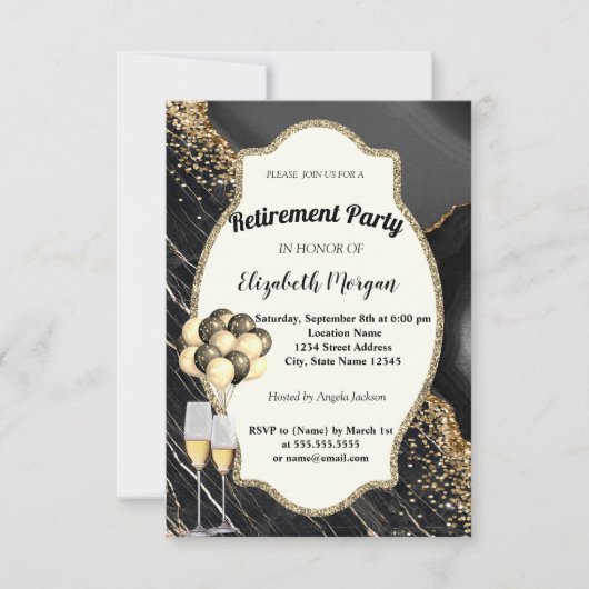 Schwarzer Marmor, Weinglas, Balloons, Ruhestand Einladung (Vorderseite)