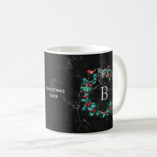 Schwarzer Marmormonogramm-WeihnachtsKranz Kaffeetasse (VorderseiteRechts)