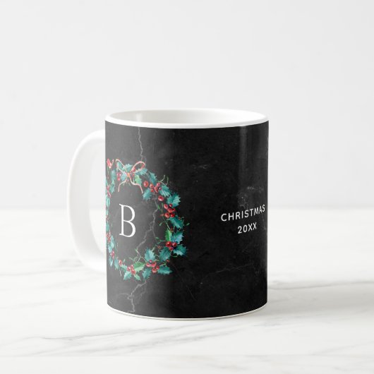 Schwarzer Marmormonogramm-WeihnachtsKranz Kaffeetasse (Vorderseite Links)