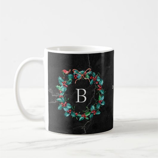 Schwarzer Marmormonogramm-WeihnachtsKranz Kaffeetasse (Links)