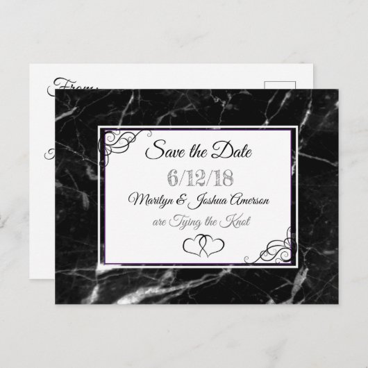 Schwarzer Marmorstein Save the Date Postkarte (Vorne/Hinten)