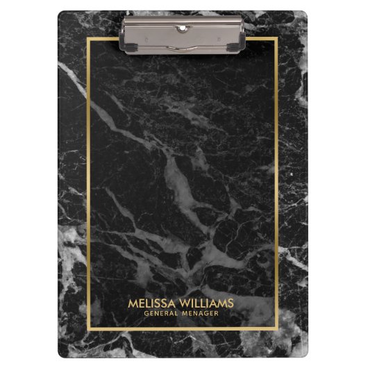 Schwarzer Marmorstein Textur Gold Grenze Klemmbrett (Vorderseite)