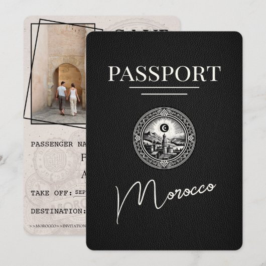 Schwarzer Marokko Reisepass Save The Date (Vorne/Hinten)