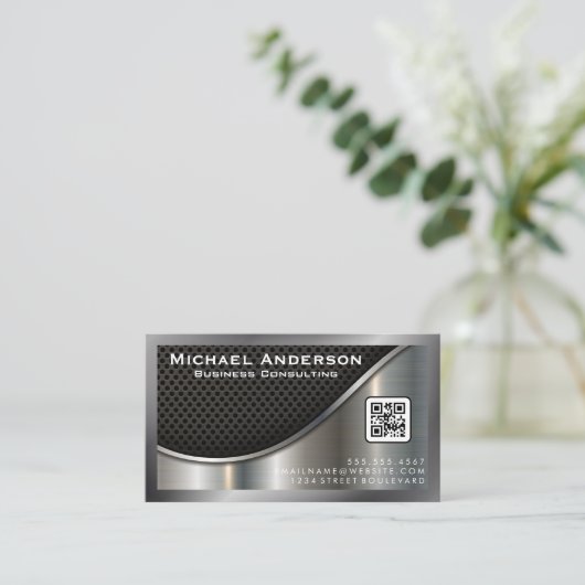 Schwarzer Mesh und metallisches Silber | QR-Code Visitenkarte (Stehend Vorderseite)