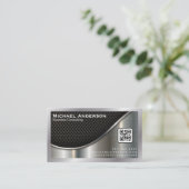 Schwarzer Mesh und metallisches Silber | QR-Code Visitenkarte (Stehend Vorderseite)