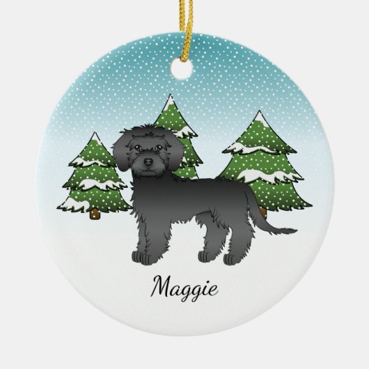Schwarzer Mini Goldendoodle - Winterwald & Name Keramik Ornament (Vorne)