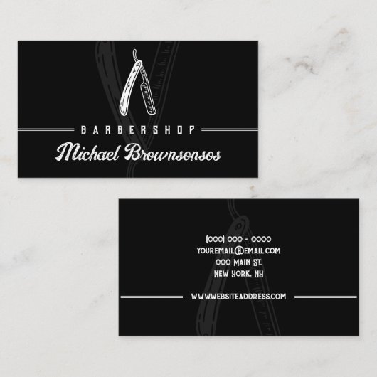 Schwarzer Minimal Moderner Razor Barber Visitenkarte (Vorne/Hinten)