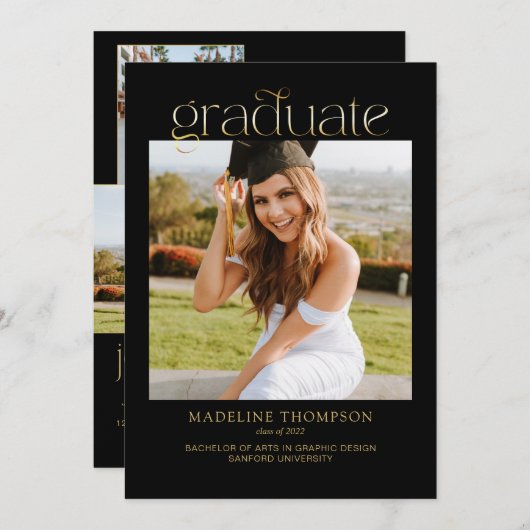 Schwarzer Minimalistischer, klassischer Abschluss Einladung (Vorne/Hinten)