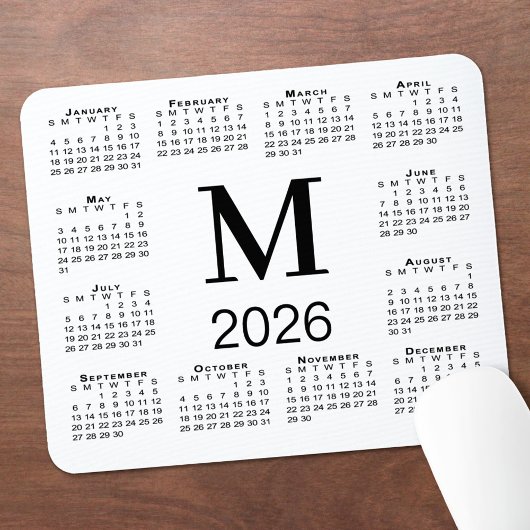 Schwarzer Monogramm-Kalender 2026 auf Weiß Mousepad