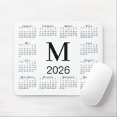 Schwarzer Monogramm-Kalender 2026 auf Weiß Mousepad (Mit Mouse)
