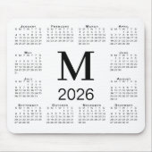 Schwarzer Monogramm-Kalender 2026 auf Weiß Mousepad (Vorne)