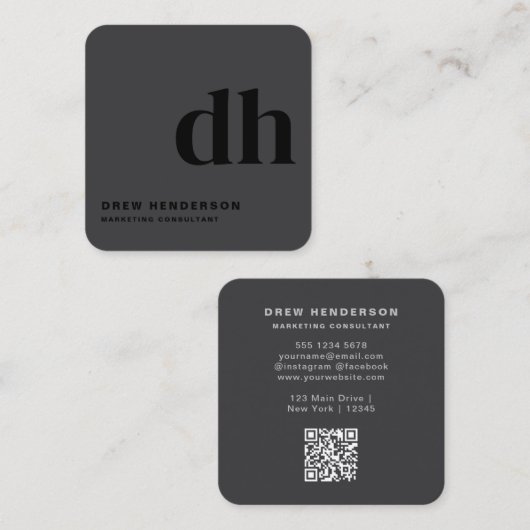Schwarzer Monogramm-Professional-QR-Code Quadratische Visitenkarte (Vorne/Hinten)