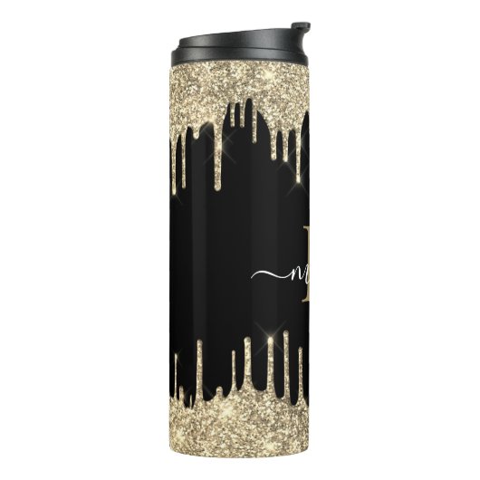 Schwarzer Monogramm-Skriptname Gold-Glitzer-Tropfe Thermosbecher (Nach links gedreht)