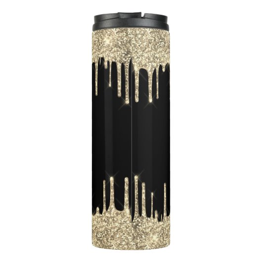 Schwarzer Monogramm-Skriptname Gold-Glitzer-Tropfe Thermosbecher (Rückseite)
