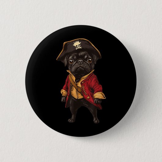 Schwarzer Mops als Pirat verkleidet lustiger Hund Button (Vorderseite)