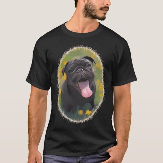 Schwarzer Mops auf einer Frühlingswiese T-Shirt (Vorderseite)