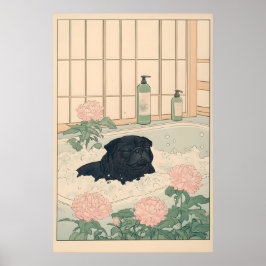 Schwarzer Mops-Badezimmerdruck Kawaii Japandi Ukiy Poster