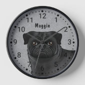Schwarzer Mops Cartoon Dog Nah-up und Name Grau Uhr (Vorderseite)