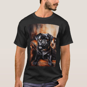 Schwarzer Mops entspannt sich auf einem Ledersofa. T-Shirt