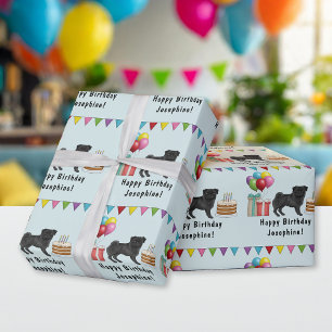 Schwarzer Mops-Hund Cartoon bunte Happy Birthday Geschenkpapier