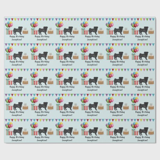 Schwarzer Mops Hund Cartoon Mops farbenfrohe Glück Geschenkpapier (Flach)