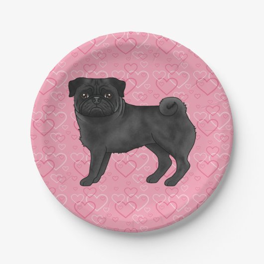 Schwarzer Mops Hund Cartoon Mops Liebe Herzmuster Pappteller (Vorderseite)