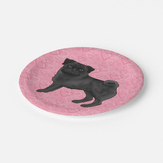 Schwarzer Mops Hund Cartoon Mops Liebe Herzmuster  Pappteller (Schrägansicht)