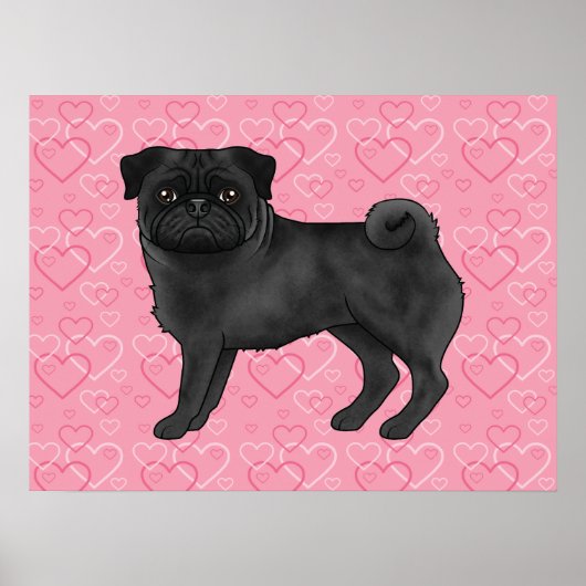 Schwarzer Mops Hund Cartoon Mops Liebe Herzmuster Poster (Vorne)