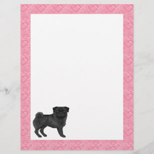 Schwarzer Mops-Hund Cartoon-Mops Liebesherzmuster Briefbogen