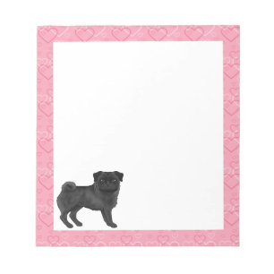 Schwarzer Mops-Hund Cartoon-Mops Liebesherzmuster Notizblock