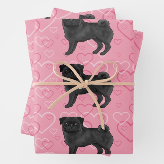 Schwarzer Mops Hund Cartoon Mops Rosa Liebe Herzmu Geschenkpapier Set (Beispiel)