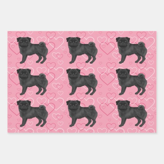 Schwarzer Mops Hund Cartoon Mops Rosa Liebe Herzmu Geschenkpapier Set (Vorderseite)