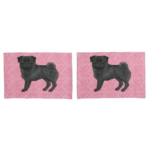 Schwarzer Mops Hund Cartoon Mops Rosa Liebe Herzmu Kissenbezug (Vorderseite-Set)